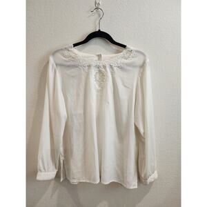 Vintage 80's Coquette Feminine Victorian Blouse SzL Lace Collar Cream ButtonBack
